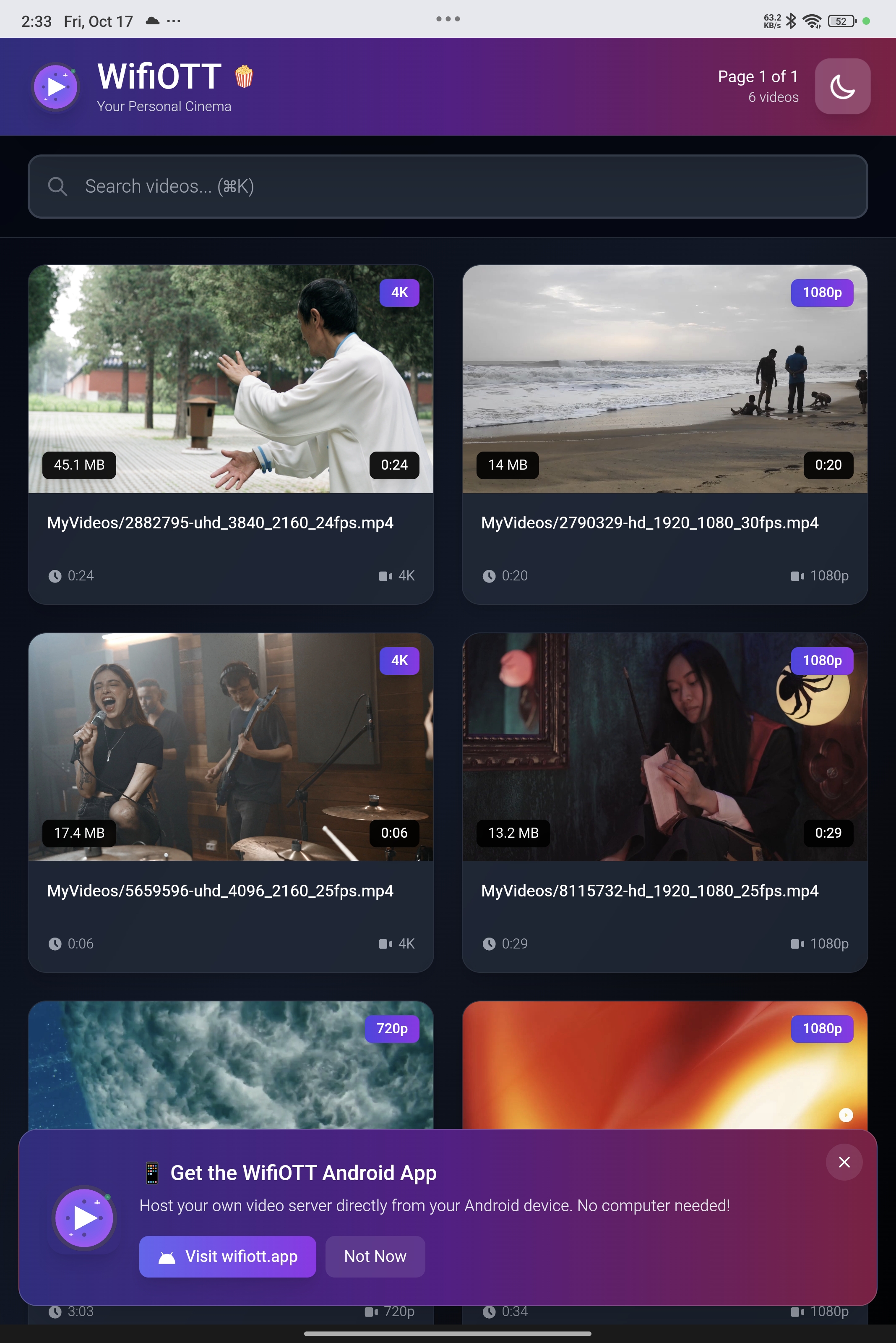 WifiOTT app main interface showing library with video thumbnails and gradient header